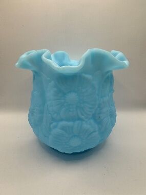 Vintage Fenton Blue Satin Glass Poppy Vase With Ruffled Edge.